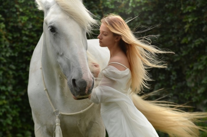 ZHenshhina blondinka v belom plate ryadom s beloy loshadyu Woman blonde in a white dress next to a white horse 4500  2981 700x463 Женщина блондинка в белом платье рядом с белой лошадью   Woman blonde in a white dress next to a white horse